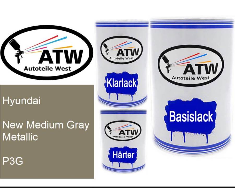 Hyundai, New Medium Gray Metallic, P3G: 500ml Lackdose + 500ml Klarlack + 250ml Härter - Set, von ATW Autoteile West.